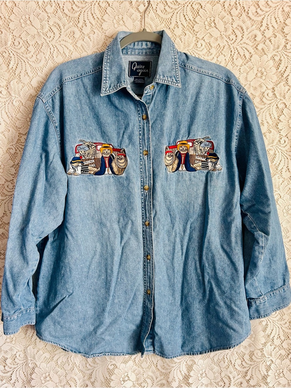 Vintage Cat Embroidered Denim Button Shirt Large 90s Kitty Novelty Cotton Top